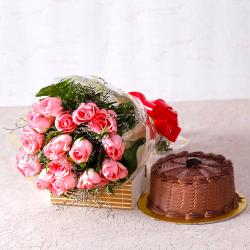 Mothers Day Gifts to Jamshedpur - Fifteen Pink Roses with Chocolate Cake