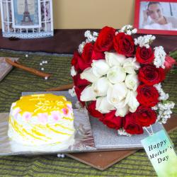Mothers Day Gifts to Indore - Pineapple Cake with Twin Color Roses Bouquet