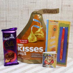 Rakhi to UAE - Cadbury Silk and Hershey’s Kisses with Tiny Beads Fancy Rakhi