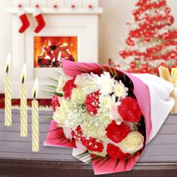 Roses n Carnation Bouquet with Candles Combo for Christmas
