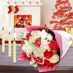 Christmas Flowers - Roses n Carnation Bouquet with Candles Combo for Christmas