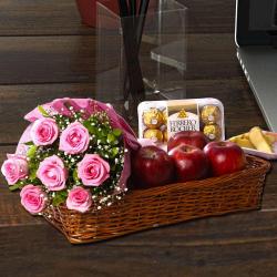 Mothers Day - Mothers Day Special Pink Rose Bouquet with Apple and Ferrero Rocher