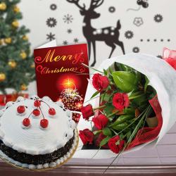 Send Christmas Gift Red Roses Bouquet with Black Forest Cake and Christmas Card To Indore