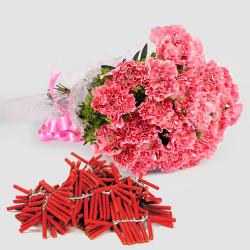 Diwali Gift of Pink Carnations with Red Firecrackers