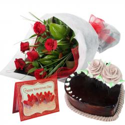Valentine Heart Shaped Cakes - Heart Shape Chocolate Cake with Roses Bouquet and Valentine Card