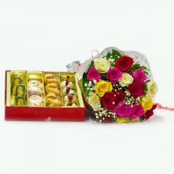 Send Mix Roses Bouquet with 1 Kg Assorted Sweet Box To Bangalore