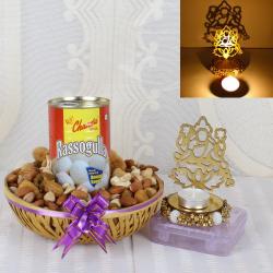 Popular Diwali Gifts - Shadow Diya with Rasgulla Sweets and Dry Fruits Hamper