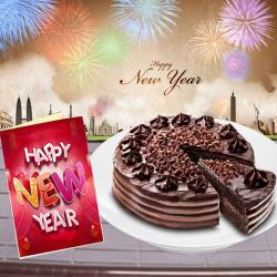 New Year Midnight Special Gifts - Eggless Chocolate Truffle Cake and New Year Greeting Card