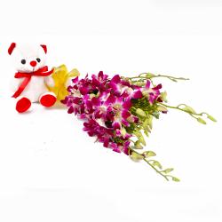 Heart Shaped Soft Toys - Six Purple Orchids with Cute Soft Toy