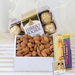 Rakhi With Dry Fruits -  Almond Treat with Ferrero Rocher Chocolate and Three Rakhi