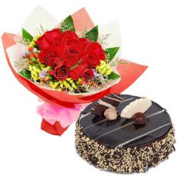 Flowers with Cake - Roses Bouquet With Chocolate Cake