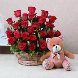 Flowers with Soft Toy - Arrangement of Red Roses and Cute Teddy Bear