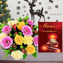 Colorful Mix Flowers Bouquet with Merry Christmas Greeting Card