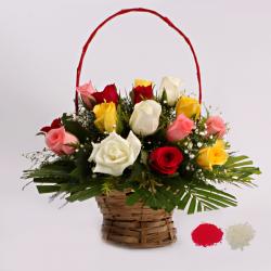 Bhai Dooj for Mix Roses in a Basket Arrangement