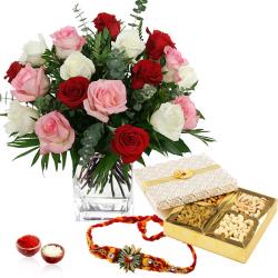 Rakhi With Flowers - Dry fruits and Roses with Rakhi Thread