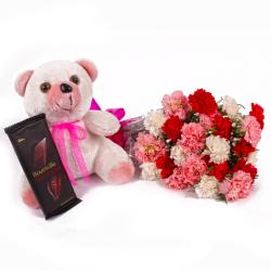 Exclusive Gift Hamper for Girl - Cute Teddy Bear with Carnations Bouquet and Bournville Chocolate Bar