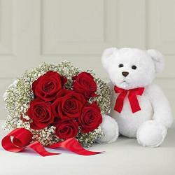Cakes and Soft Toys - 6 Red Roses Bouquet with Teddy Bear Combo