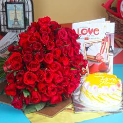 Valentine Flowers with Cake - Pineapple Cake with Red Roses Bouquet and Love Card