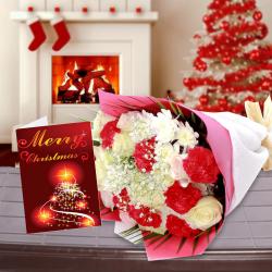 Christmas Flowers - Flowers Bouquet and Christmas Card Combo for Christmas