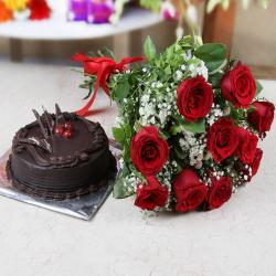 Flowers with Cake - Ten Red Roses with Chocolate Cake