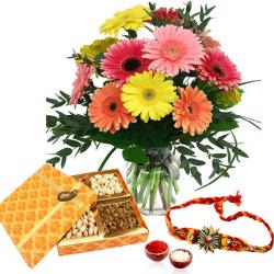 Rakhi With Flowers - Colorful Gerberas and Assorted Dry Fruits with Rakhi