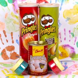 Holi Colors and Sprays - Pringles chips and Rasgulla with Herbal scented holi colors