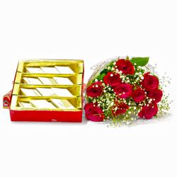 Send Bouquet of Ten Red Roses with Box of 500 Gms Kaju Barfi To Mahendergarh