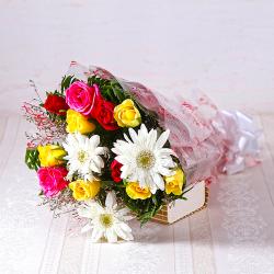 Flowers for Her - Bunch of White Gerberas with Multi Colour Roses