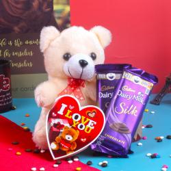 Valentines Heart Shaped Soft Toys - Cuddly Bear and Chocolates with Love Card
