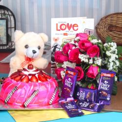 Valentine Flowers with Cake - Treat with Lovely Valentine Gift