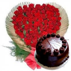 Anniversary Heart Shaped Arrangement - 50 Roses Heart with Chocolate Cake