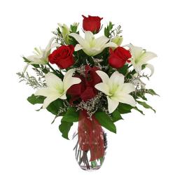 House Warming Flowers - Beautiful Red Roses with White Lilies