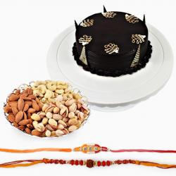 Rakhi Express Delivery - Set of Two Rakhi with 500 Gms Dryfruits and Half Kg Chocolate Cake