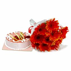 Flowers and Cake for Her - Red Gerberas Bouquet with Strawberry Cake
