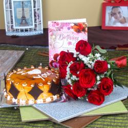 Birthday Greeting Cards - Birthday Card with Butterscotch Cake and Roses