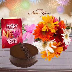 New Year Midnight Special Gifts - New Year Card with Truffle Chocolate Cake and Gerberas Bouquet
