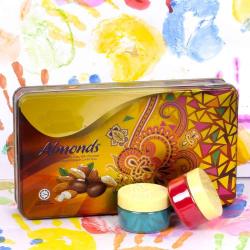 Holi Gift Hampers - Almonds Chocolates with Herbal scented holi colors