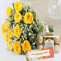Rakhi Combos For Brothers - Ferrero Rocher Chocolate with Roses Bouquet and Rakhi