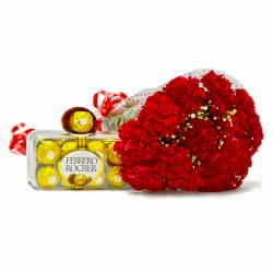 Thank You Flowers - Fifteen Red Carnations Boquet with Ferrero Rocher Chocolate Box