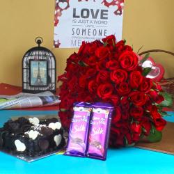 Send Valentines Day Gift Red Roses Bouquet with Chocolate Cake and Silk Chocolate To Indore