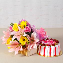 Anniversary Cake Combos - Fresh Cream Strawberry Cake with Bouquet of Exotic Flowers