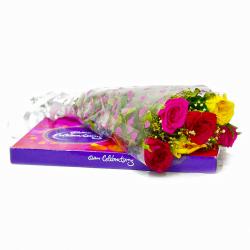 Flowers with Chocolates - Six Mix Roses Bouquet with Cadbury Celebration Chocolate  Box