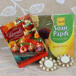 Diwali Greeting Cards - Soan Papdi with Metal Diya Diwali Combo