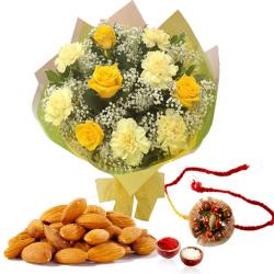 Rakhi With Flowers - Floral Rakhi with Almond Treat