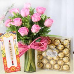 Rakhi Gifts for Brother - Pink Roses with Ferrero Rocher Chocolate and Rakhi