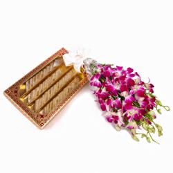 Mix Flower Hampers - Hand Tied Purple Orchids with Kaju Katli Sweets