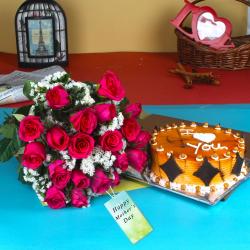 Bouquet of Pink Roses and Butterscotch Cake For Lovable Mom