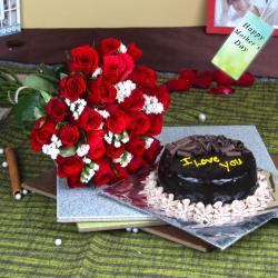 Mothers Day Gifts to Coimbatore - Twenty Five Red Roses Bouquet with Chocolate Cake For Mom