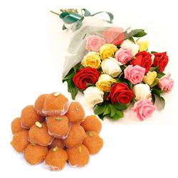 Flowers with Sweets - Mix Roses Bouquet with Ladoos