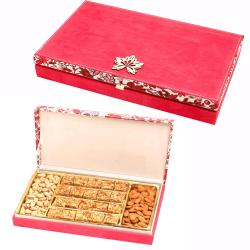 Mithai Hampers - Pink Velvet Wooden Hamper box with Roasted Almond Delight , Almonds and Pistachios